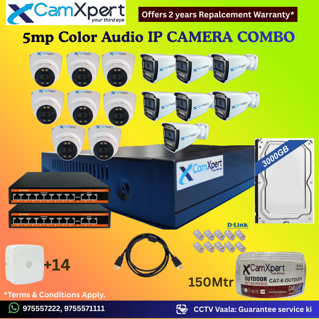 CamXpert 15 IP Camera 5MP Smart IP CCTV Combo Kit | 8 Dome + 7 Bullet Cameras with Audio & Full Color Night Vision | 16CH 8MP NVR | 3000GB HDD | 2 PoE 8+2 | 150m Cat-6 | RJ45, Camera Boxes, HDMI | FREE Installation