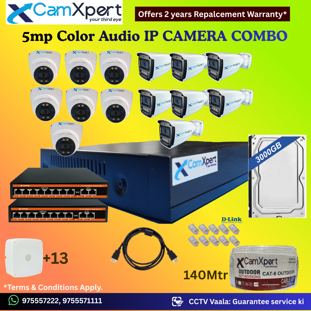 CamXpert 14 IP Camera 5MP Smart IP CCTV Combo Kit | 7 Dome + 7 Bullet Cameras with Audio & Full Color Night Vision | 16CH 8MP NVR | 3000GB HDD | 2 PoE 8+2 | 140m Cat-6 | RJ45, Camera Boxes, HDMI | FREE Installation