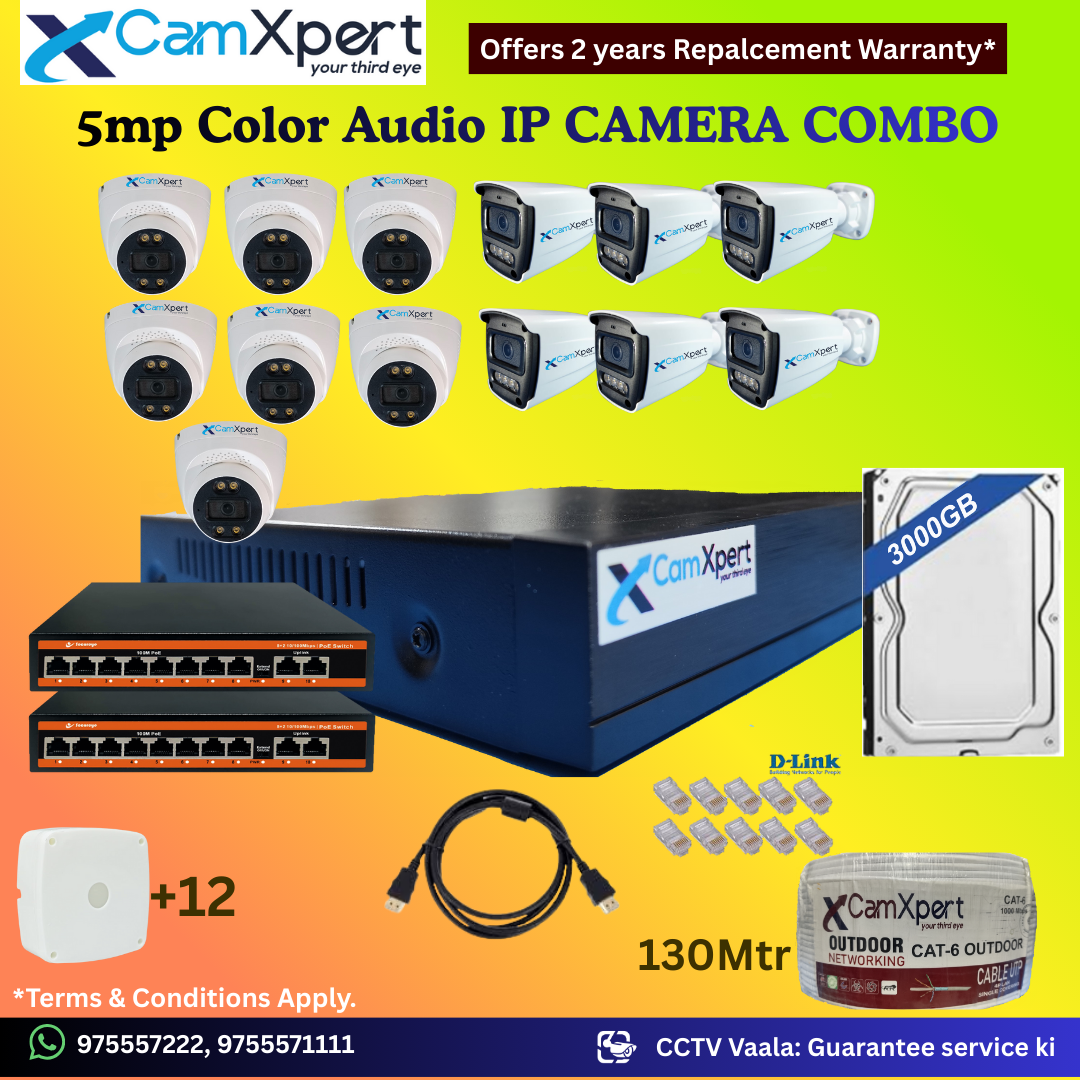 CamXpert 13 IP Camera 5MP Smart IP CCTV Combo Kit | 7 Dome + 6 Bullet Cameras with Audio & Full Color Night Vision | 16CH 8MP NVR | 3000GB HDD | 2 PoE 8+2 | 130m Cat-6 | RJ45, Camera Boxes, HDMI | FREE Installation