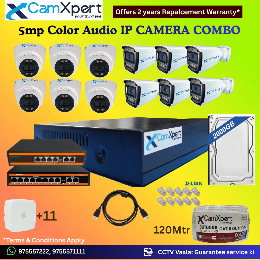 CamXpert 12 IP Camera 5MP Smart IP CCTV Combo Kit | 6 Dome + 6 Bullet Cameras with Audio & Full Color Night Vision | 16CH 8MP NVR | 2000GB HDD | PoE 8+2 + PoE 4+2 | 120m Cat-6 | RJ45, Camera Boxes, HDMI | FREE Installation