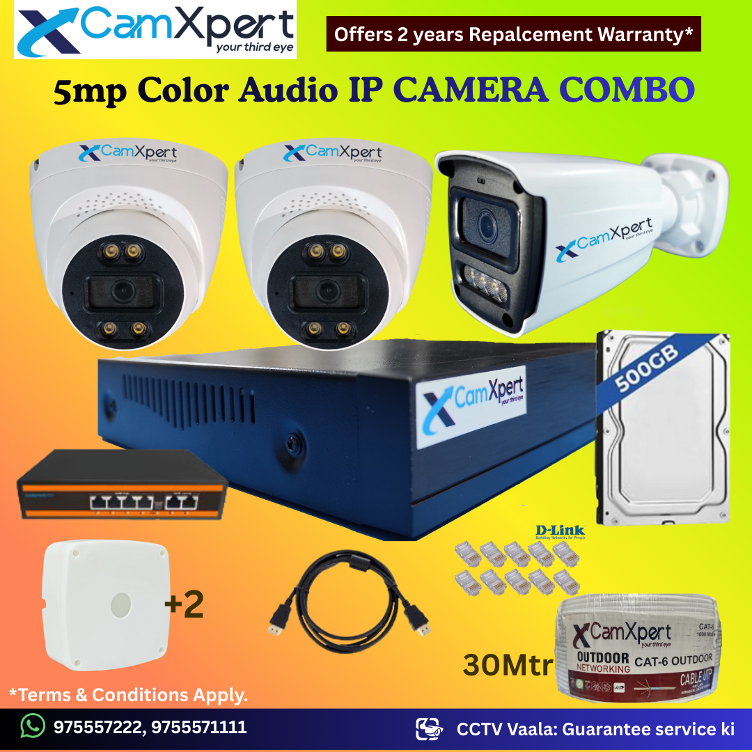 CamXpert 3 IP Camera 5MP Smart IP CCTV Combo Kit | 2 Dome + 1 Bullet Cameras with Audio & Full Color Night Vision | 10CH 8MP NVR | 500GB HDD | PoE 4+2 | 30m Cat-6 | RJ45, Camera Boxes, HDMI | FREE Installation