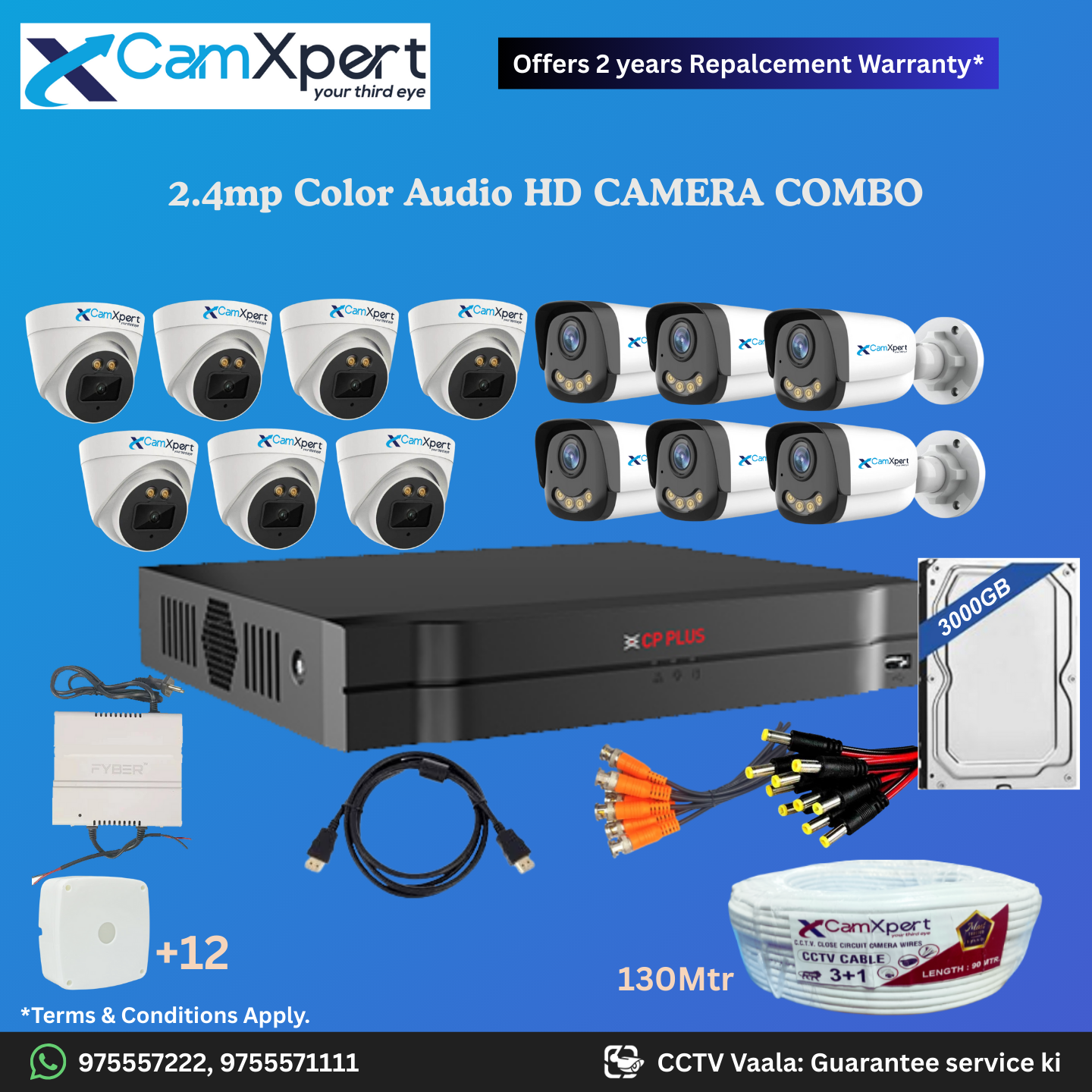 CamXpert 13 HD Camera Full HD 2.4MP CCTV Combo Kit | 7 Dome + 6 Bullet Cameras with Audio & Full Color Night Vision | 16CH 5MP XVR | 3000GB HDD | Power Supply | 130m 3+1 CCTV Cable | BNC, DC, Camera Boxes, HDMI | FREE Installation