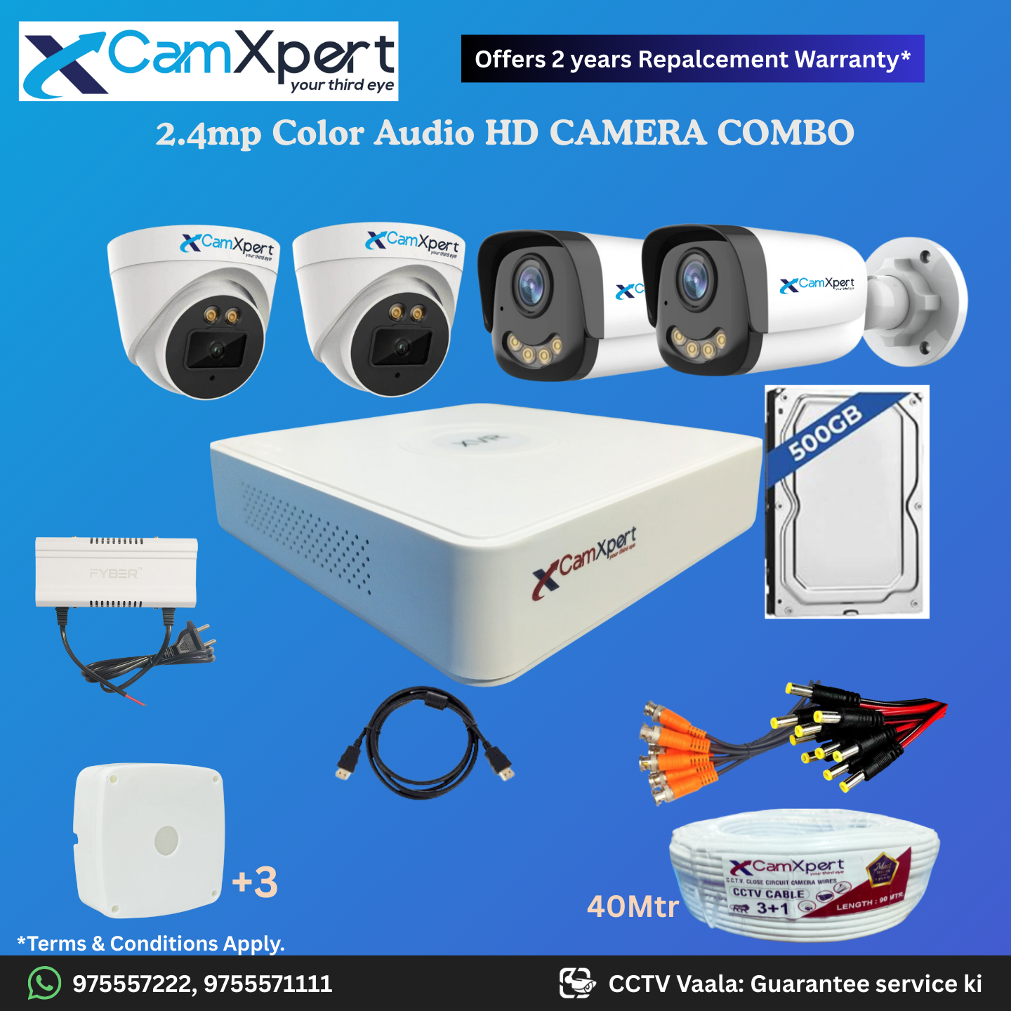 CamXpert 4 HD Camera Full HD 2.4MP CCTV Combo Kit | 2 Dome + 2 Bullet Cameras with Audio & Full Color Night Vision | 4CH 5MP XVR | 500GB HDD | Power Supply | 40m 3+1 CCTV Cable | BNC, DC, Camera Boxes, HDMI | FREE Installation