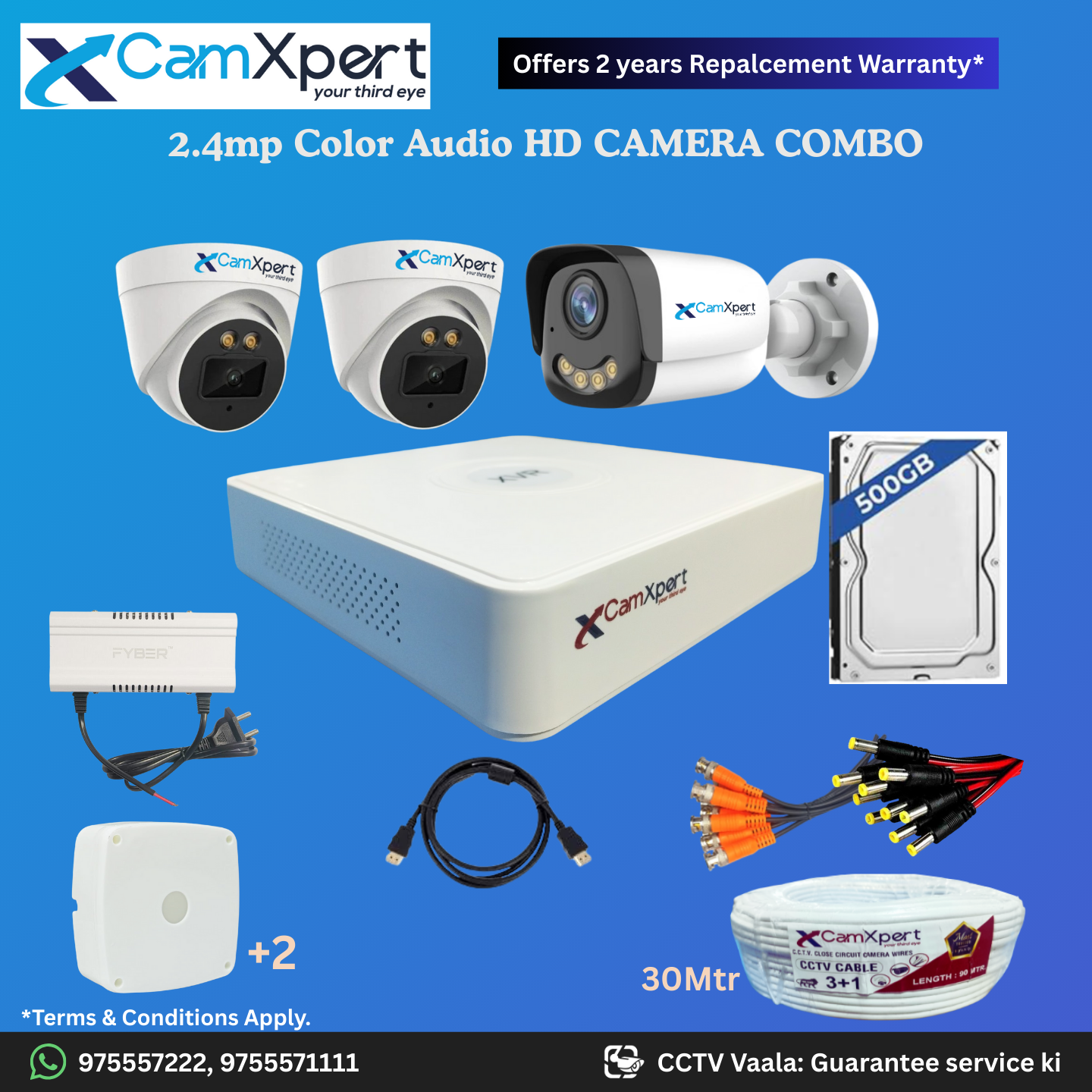 CamXpert 3 HD Camera Full HD 2.4MP CCTV Combo Kit | 2 Dome + 1 Bullet Cameras with Audio & Full Color Night Vision | 4CH 5MP XVR | 500GB HDD | Power Supply | 30m 3+1 CCTV Cable | BNC, DC, Camera Boxes, HDMI | FREE Installation