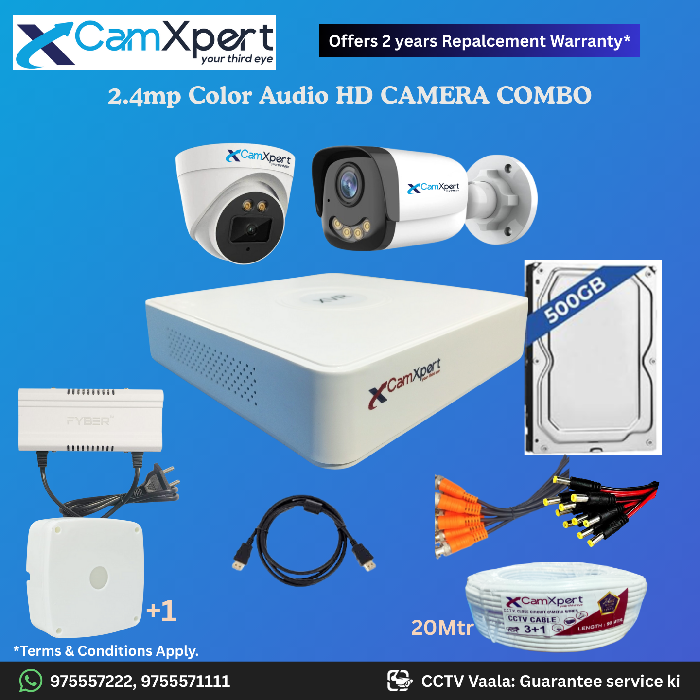 CamXpert 2 HD Camera Full HD 2.4MP CCTV Combo Kit | 1 Dome + 1 Bullet Cameras with Audio & Full Color Night Vision | 4CH 5MP XVR | 500GB HDD | Power Supply | 20m 3+1 CCTV Cable | BNC, DC, Camera Boxes, HDMI | FREE Installation